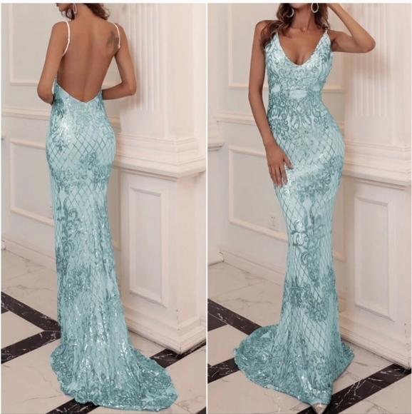 Mint blue Baroque Spaghetti Strap, Sleeveless,  Sequined Mermaid Maxi Go… - Picture 1 of 14